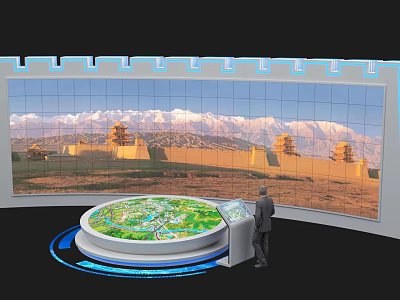 Circular Display Cabinet With Green Model Standing Person And Curved Screen Displaying Snowy Mountain Ancient Architecture 3d model