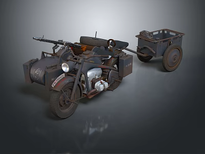 Vintage Motorcycle With Sidecar And Military Style Retro Equipment Details 3d model