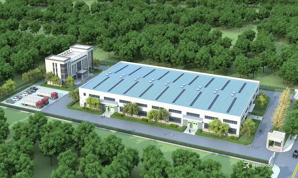 Industrial Factory Building Surrounded by Green Trees with Modern Design and Parking Area 3d model 