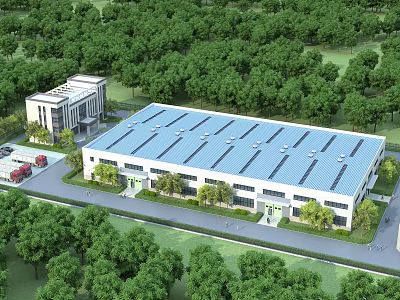 Industrial Factory Building Surrounded by Green Trees with Modern Design and Parking Area 3d model