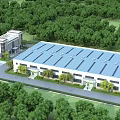 Industrial Factory Building Surrounded by Green Trees with Modern Design and Parking Area