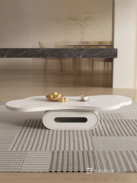 Modern White Coffee Table With Unique Shape Holding Fruit Bowl And Coffee Cup 3d model