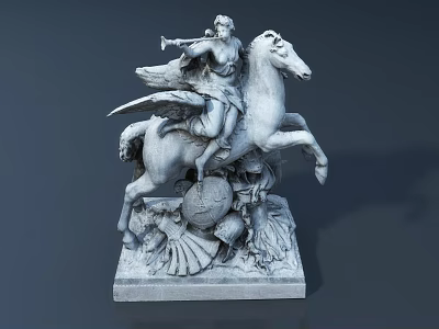 Elegant Sculpture Carving Of Horseback Figure With Winged Details And Shell Base 3d model