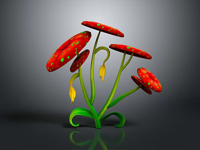 Vibrant Cartoon Scene With Red Flowers Green Curved Stems And Yellow Stamens 3d model
