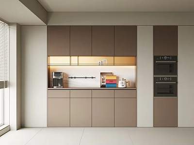 Modern Kitchen Sideboard In Beige Tone With Storage Lighting And Oven Nearby Decorative Items 3d model