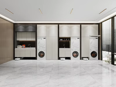 Modern Interior Design With Wall Cabinets Upper Cabinets And Washing Machines On Marble Floor 3d model
