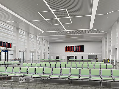 Spacious Modern Train Station Waiting Area With Green Seats Electronic Display Boards And Ceiling Design 3d model
