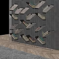 Modern Bookcase Design With Tilted Shelves And Colorful Books On Metal Frames