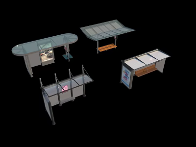 Diverse Retail Display Counters With Glass Surfaces Wooden Shelves And Metal Frames 3d model