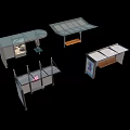 Diverse Retail Display Counters With Glass Surfaces Wooden Shelves And Metal Frames