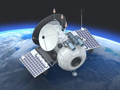 Satellite in Earth Orbit with Solar Panels Antennas and Communication Equipment 3d model