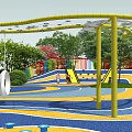 Colorful Children's Playground Design Featuring Blue Yellow Paved Areas Circular Patterns Trees And Greenery