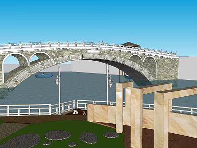 Stone Arch Landscape Bridge Over Water With Riverside Railing And Grass 3d model