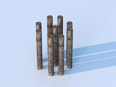 Group of Textured Wooden Logs on Light Blue Background with Shadows 3d model