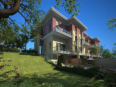 Spacious Modern Townhouse Exterior with Green Lawn Trees and Terrace 3d model