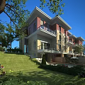 Spacious Modern Townhouse Exterior with Green Lawn Trees and Terrace