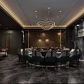 Elegant Private Dining Room Interior With Round Table Green Chairs And Modern Chandelier
