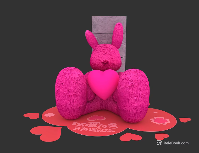 Pink Rabbit Doll Holding Heart with Small Hearts and Gray Block Background 3d model 