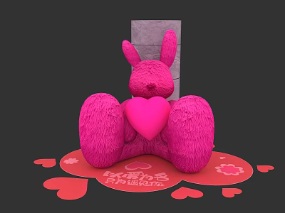 Pink Rabbit Doll Holding Heart with Small Hearts and Gray Block Background 3d model