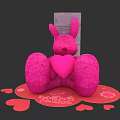 Pink Rabbit Doll Holding Heart with Small Hearts and Gray Block Background