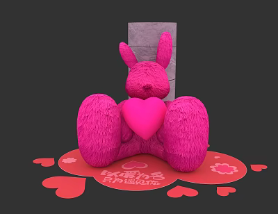 Pink Rabbit Doll Holding Heart with Small Hearts and Gray Block Background 3d model