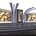 Elegant Modern Awards Stage With Golden Trophy Large Golden Screens And Curved Lights
