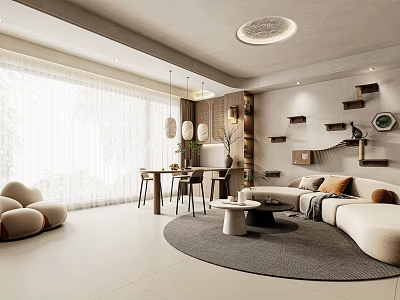 Modern Luxury Dining and Living Room With Sofa Round Rug And Decorative Shelves 3d model