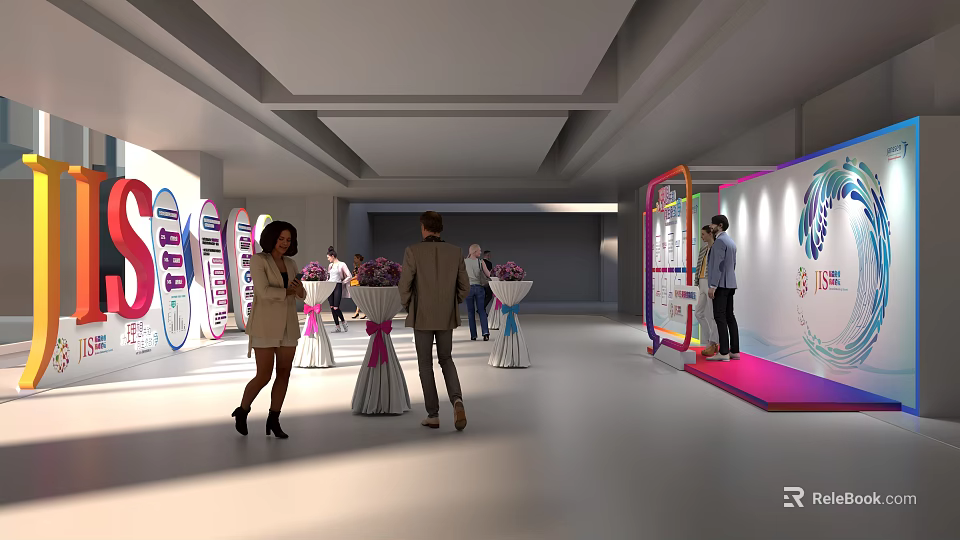 Contemporary Exhibition Hall With People Moving Around Decorative Flower Booths And Display Panels 3d model 