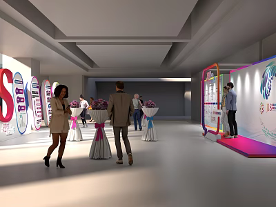 Contemporary Exhibition Hall With People Moving Around Decorative Flower Booths And Display Panels 3d model