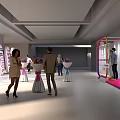 Contemporary Exhibition Hall With People Moving Around Decorative Flower Booths And Display Panels
