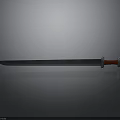 Long Metal Sword With Red Hilt And Shiny Blade On Smooth Surface Background