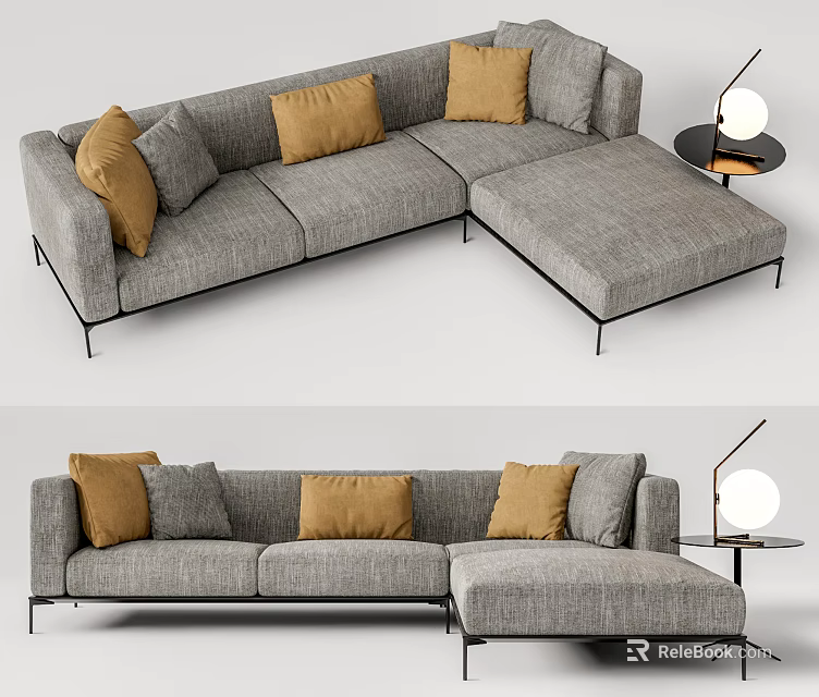 Modern Gray Sectional Sofa with Yellow Cushions and Round Side Table Lamp 3d model