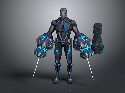 Armored Robot Character With Blue Glowing Accents And Swords Near Creature 3d model