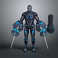Armored Robot Character With Blue Glowing Accents And Swords Near Creature