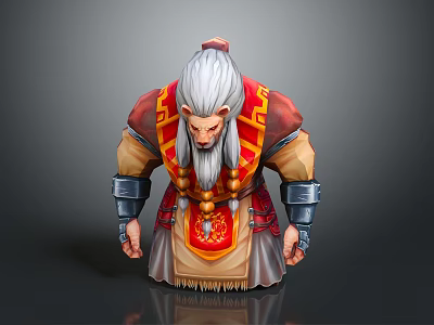 White Haired Game Movie Character With Long Beard Red Traditional Robe And Armor Details 3d model