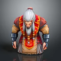White Haired Game Movie Character With Long Beard Red Traditional Robe And Armor Details