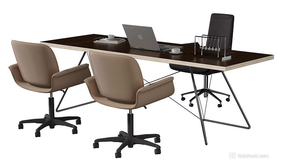Modern Office Desk With Laptop Documents Pen Holder And Beige Black Office Chairs 3d model 