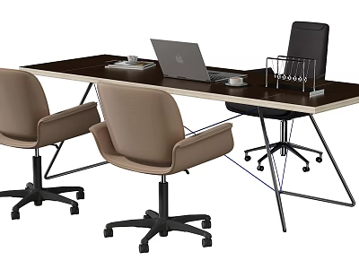 Modern Office Desk With Laptop Documents Pen Holder And Beige Black Office Chairs 3d model
