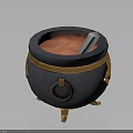 Black Cauldron With Golden Decoration Red Liquid Inside White Stirring Tool And Golden Legs