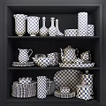 White Dinnerware Set with Pitchers Cups Plates Bowls and Glassware Displayed on Kitchen Shelves
