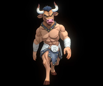 Bull Headed Game Movie Character With Muscular Build Arm Bands Tribal Shorts And Chest Badge 3d model