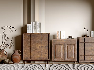 Wooden Entryway Cabinet and Side Cabinet with Vintage Decorative Clay Pots and Books 3d model