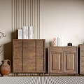 Wooden Entryway Cabinet and Side Cabinet with Vintage Decorative Clay Pots and Books