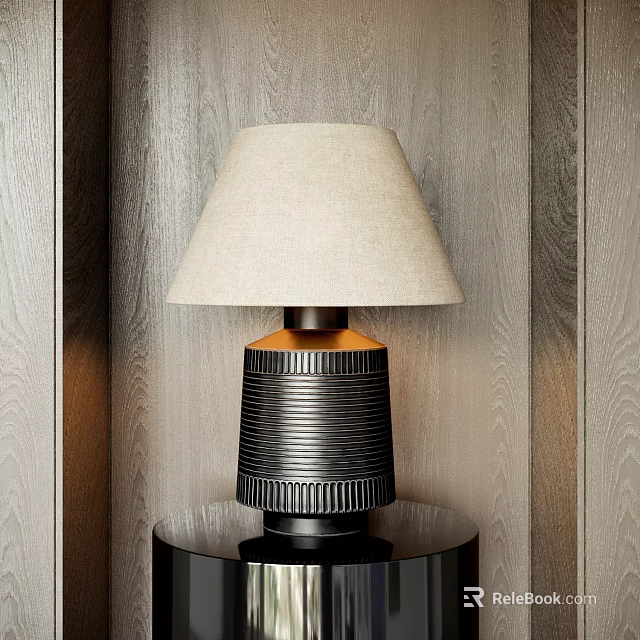 Table Lamp Beige Fabric Lampshade Black Ribbed Base On Black Round Table Wood Grain Wall 3d model 
