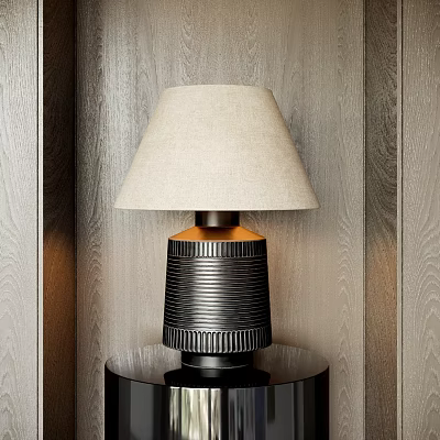 Table Lamp Beige Fabric Lampshade Black Ribbed Base On Black Round Table Wood Grain Wall 3d model