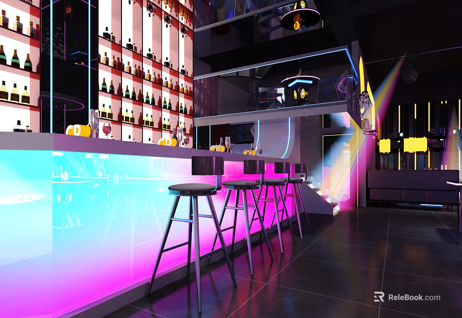 Modern Bar Interior Design With Illuminated Counter Stools And Bottle Wall Lighting 3d model 