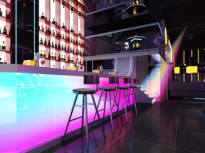 Modern Bar Interior Design With Illuminated Counter Stools And Bottle Wall Lighting 3d model