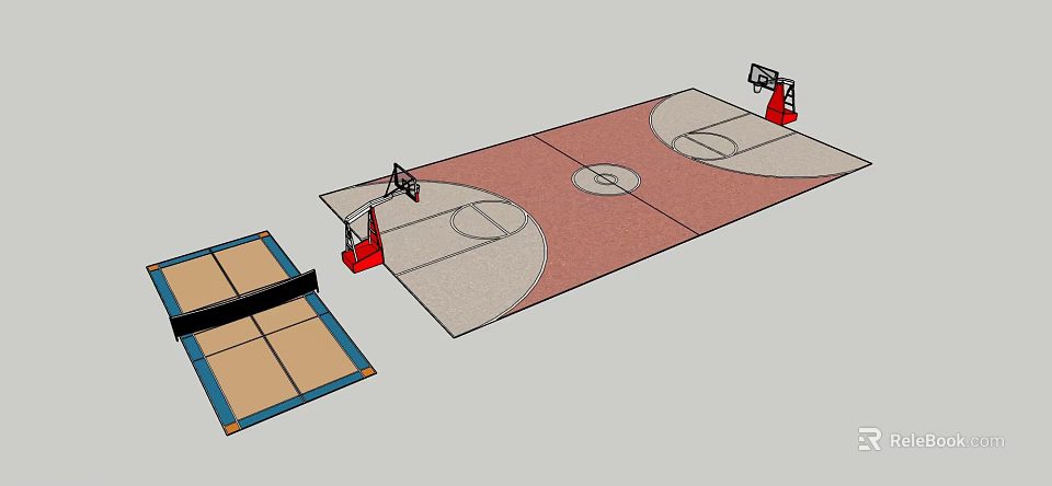 3D Basketball Court Design With Hoops Red And Beige Surfaces 3d model 