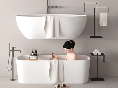 Minimalist Bathroom With Two White Bathtubs Towels Slippers And Toiletries 3d model