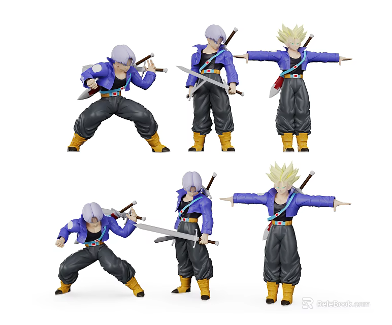 Dragon Ball Action Figures With Silver Hair Blue Outfits Swords In Various Poses 3d model 